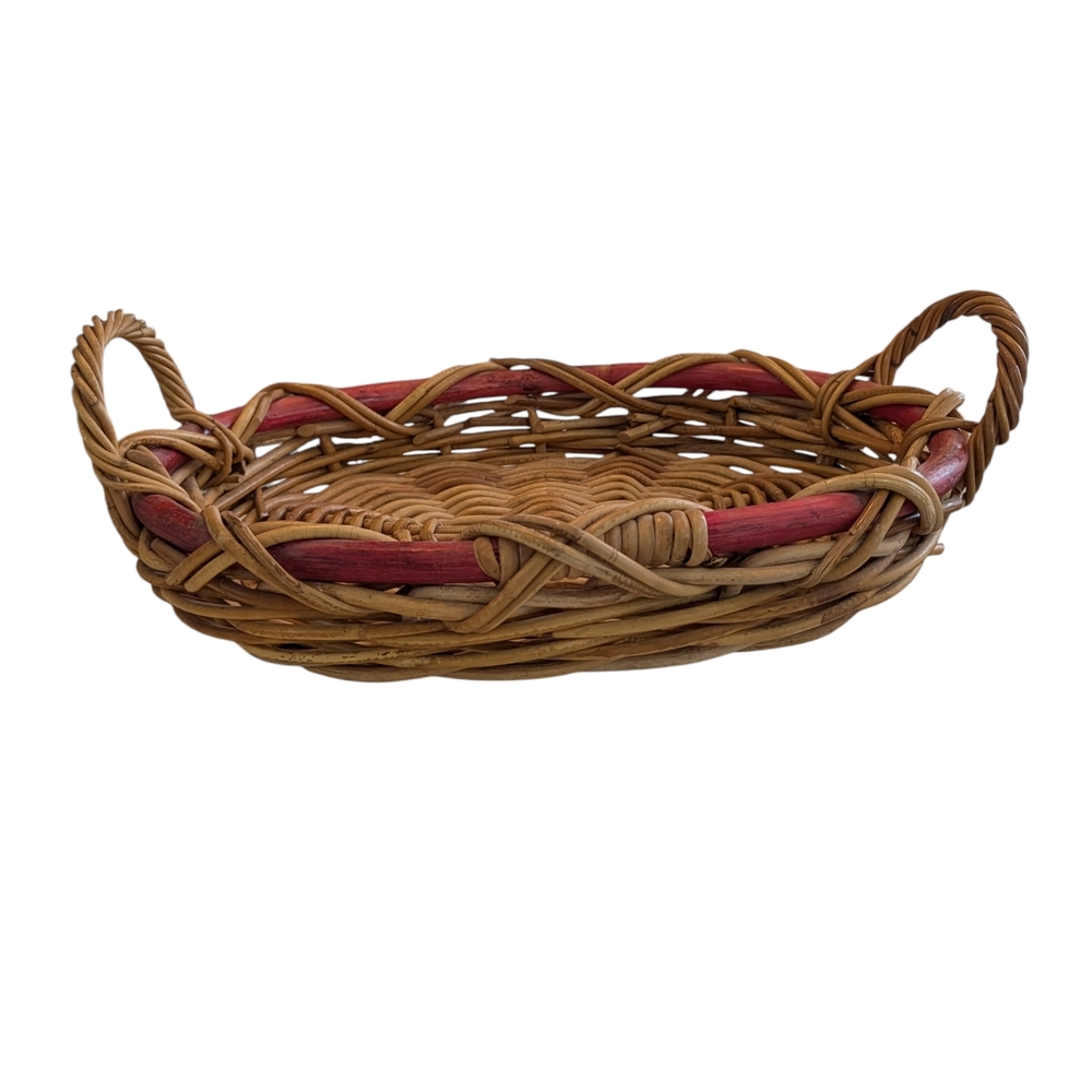 Large Oval Rattan/Woven Tray/Basket with Red Accents